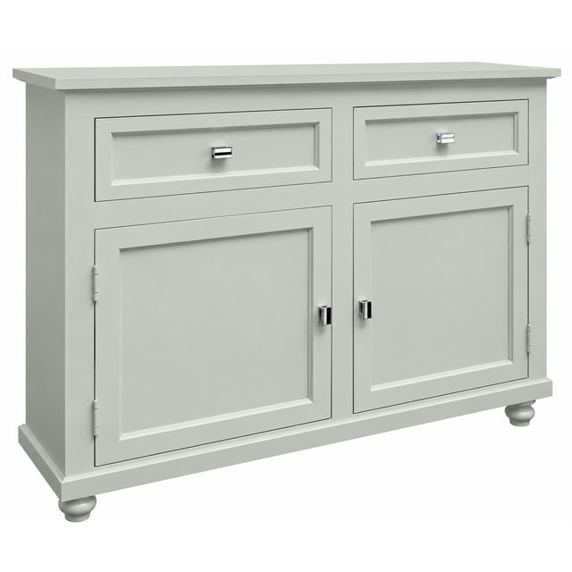 Beautifully refinished two-door sideboard cabinet, professionally painted in Sherwin-Williams Sea Spray, a soft,...