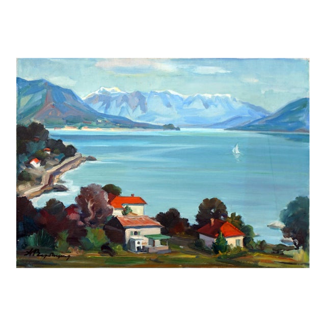 Mid Century Croatian Coast With Sailboat Landscape by a Verbitski For Sale