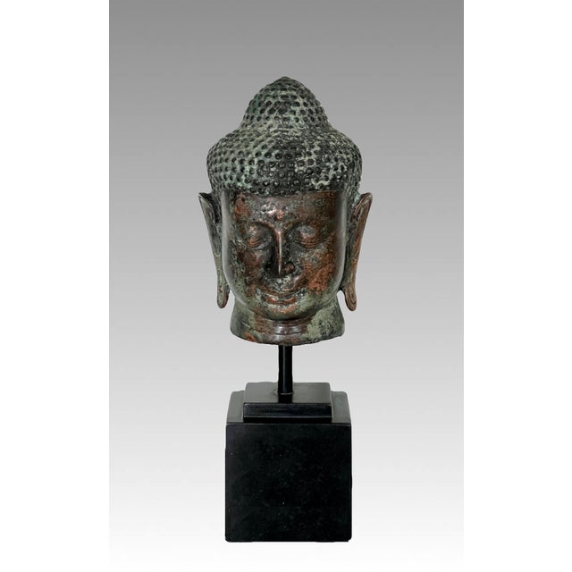 Black South East Asian Buddha Head Mounted on Square Black Pedestal For Sale - Image 8 of 11