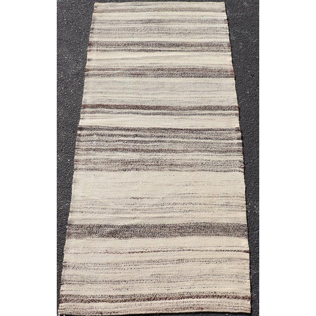 Textile Stripe Design Turkish Vintage Kilim Rug in Shades of Ivory, Beige, and Brown For Sale - Image 7 of 10