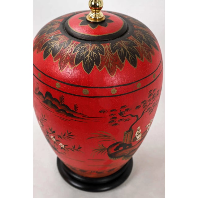 Red Vintage Chinoiserie Red Ginger Jar Lamp With Figured in White and Gold Color For Sale - Image 8 of 11