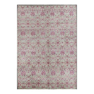 Modern Arts & Crafts Rug in Taupe Green and Fuchsia Hand-Knotted With Wool For Sale