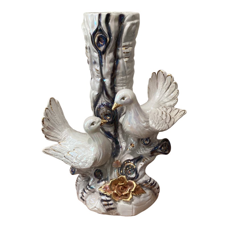 Vintage Authentic Capodimonte Large Vase With Doves #759 Black Stamp Italy