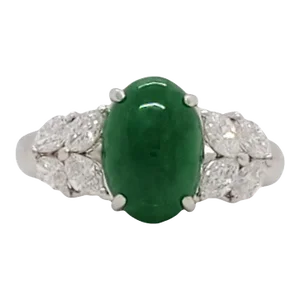 Green Jade Cabochon and Diamond Cocktail Ring in Platinum, size 4.25