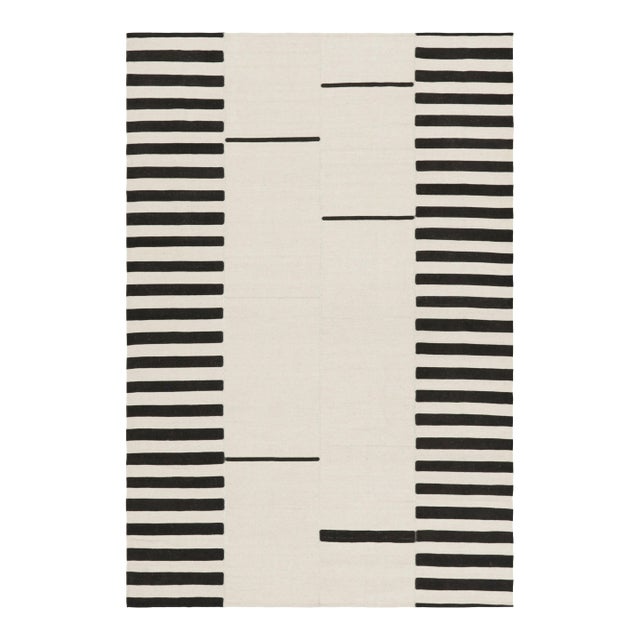Rug & Kilim’s Contemporary Kilim With Textural Cream and Black Stripes For Sale