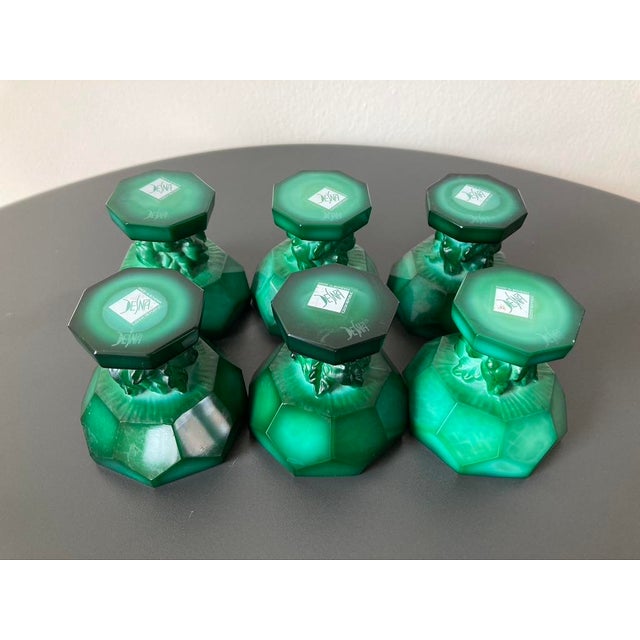 Bohemia Art Deco Green Malachite Geometric Glass Pedestal Master Salt Cellars or Egg Cup Holders- Set of 6 For Sale - Image 4 of 11