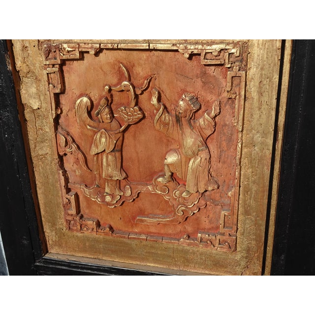 Pair Antique Chinese Hand Carved Gold & Red Panel Screens Pictures Wall Decor For Sale - Image 14 of 18