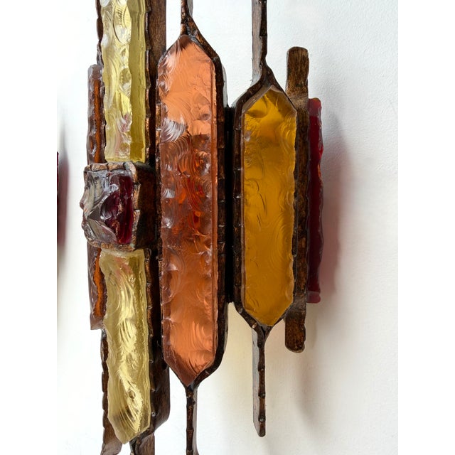 Metal 1970s Hammered Glass Wrought Iron Sconces by Longobard, Italy - a Pair For Sale - Image 7 of 13