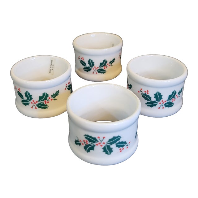 1970s Napkin Ring Holiday Holly Ribbon Set of 4 International Bone China Porcelain For Sale
