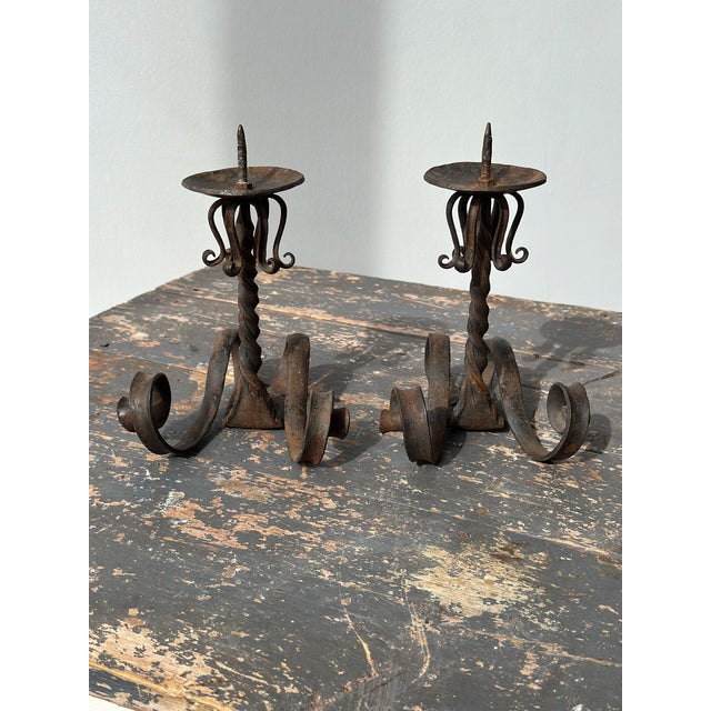 Vintage Wrought Iron Scrolling Candleholders, a Pair, Circa Mid-20th Century For Sale - Image 12 of 18