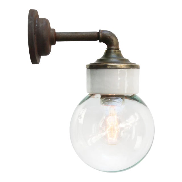 Vintage Industrial White Porcelain and Clear Glass Sconce For Sale