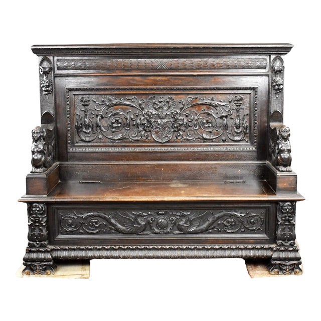 Antique Heavil Carved Oak Bench, 1860 For Sale