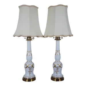 Mid-Century French White Milk Glass 2 Light Gold Floral Brass Boudoir Table Lamps - a Pair
