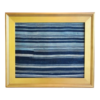 Vintage Beachy Coastal Blue & White Striped African Textile Displayed in Gold Frame Under Plexiglass For Sale