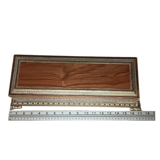 Vintage Large Wood Box Micro Mosaic Inlaid Marquetry With Blue Velvet 17 X 7 X 4.5 For Sale - Image 16 of 17