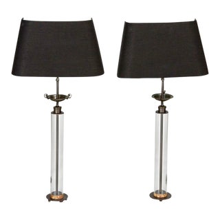 Custom Belgian Glass Column Lamps With Bronze Fittings - Pair For Sale