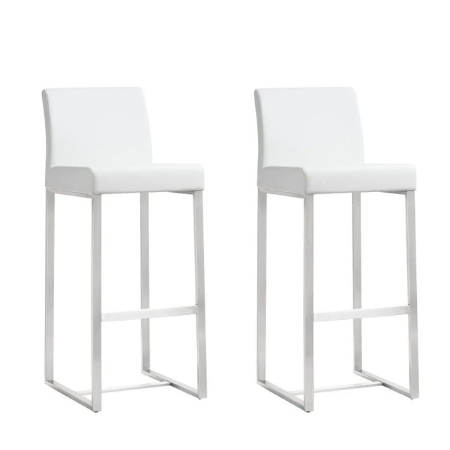 Denmark White Vegan Leather & Steel Bar Stools - Set of 2 For Sale - Image 11 of 11
