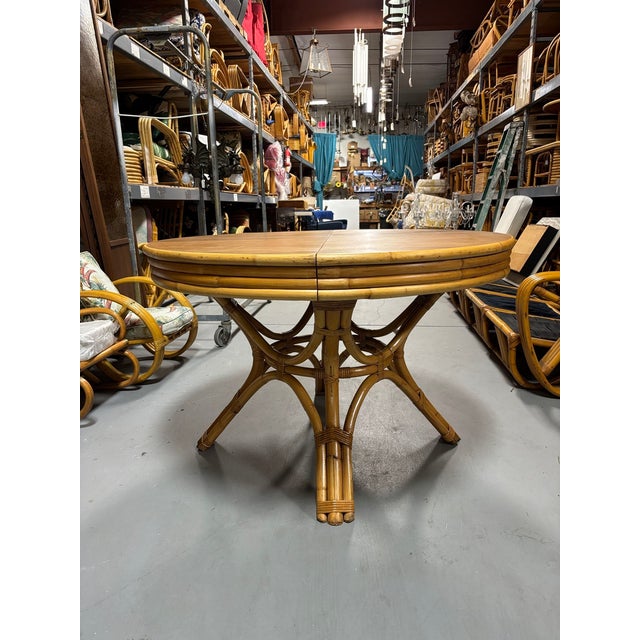 1950s Restored Round Rattan & Mahogany Dining Table W/ Leaf For Sale - Image 10 of 12