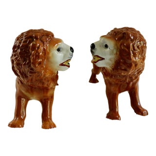 Vintage Staffordshire Porcelain Lions - A Pair For Sale