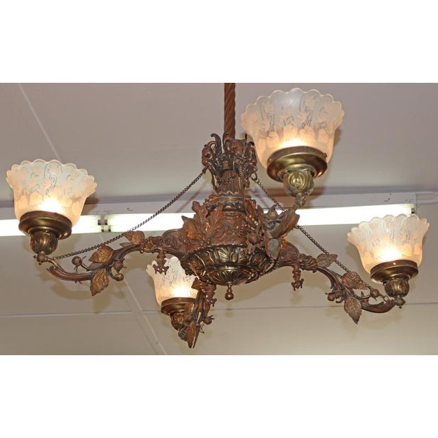 19th Century Bronze 4 Light Etched Glass Shade Gas Chandelier Gasolier For Sale - Image 9 of 18