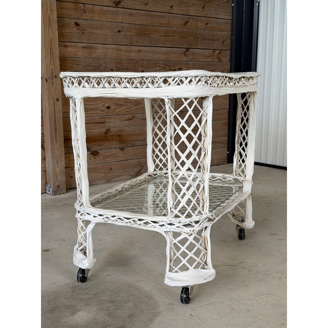 Vintage Regency Coastal Russell Woodard Spun Fiberglass Bar Cart With Glass Shelf and Casters For Sale - Image 10 of 12