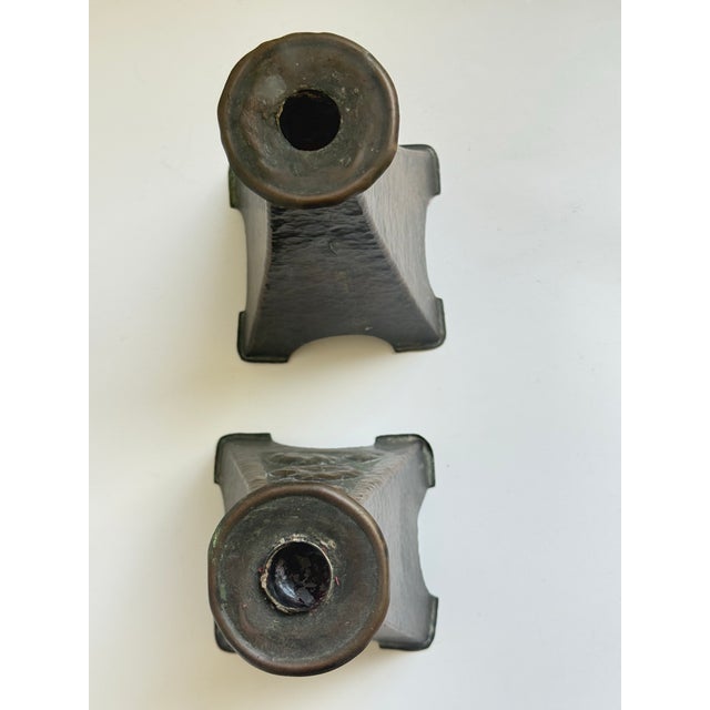 Antique Original Arts & Crafts Hammered Copper Candle Sticks a Pair C. 1905 For Sale - Image 9 of 12