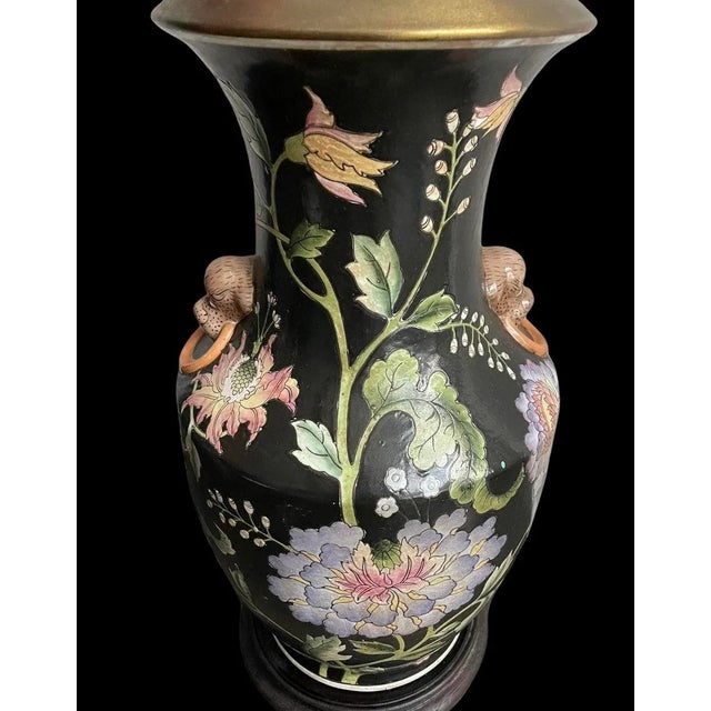 Ceramic Vintage Black Floral Chinoiserie Lamp With Leopard Like Foo Dog Accents For Sale - Image 7 of 8