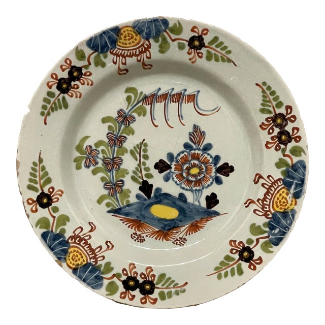 18th Century English Delft Tin Glaze Faience Polychrome Plate For Sale