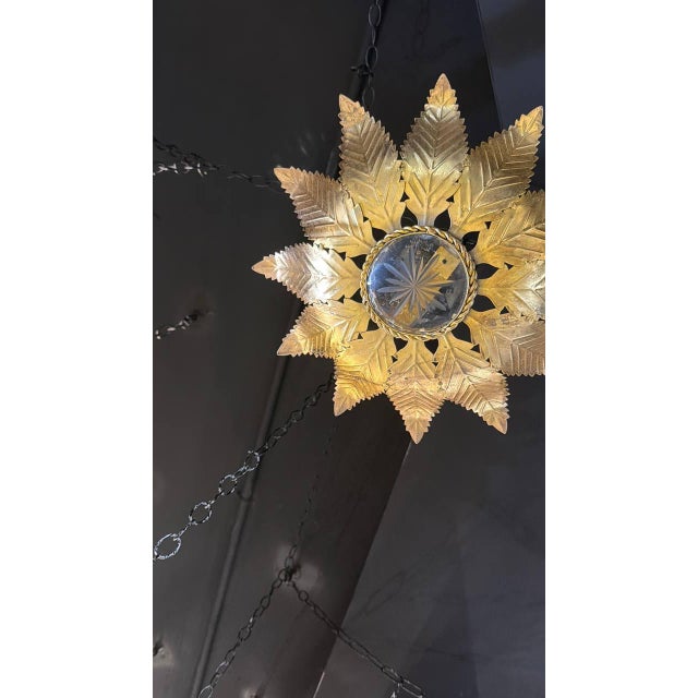 1940s French Gilt Metal Sunburst Flush Mount Light Fixture For Sale In New York - Image 6 of 7