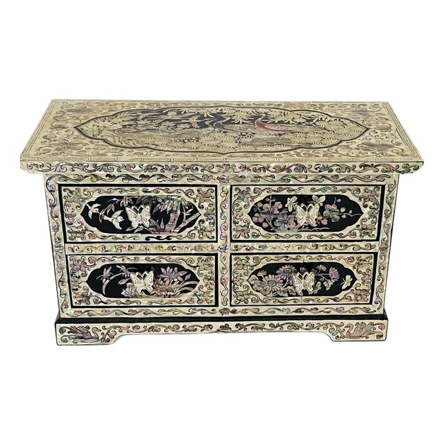 1940s Spectacular Mother of Pearl Inlayed Jewelry Box With Birds of Patadise For Sale