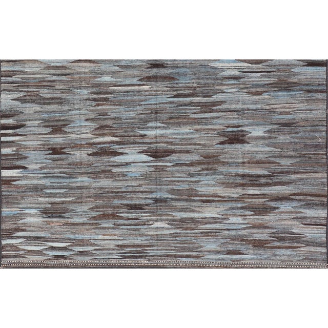 Modern Flatweave Kilim in Wool With Sub-Geometric Diamond Design in Blue and Charcoal For Sale - Image 11 of 13