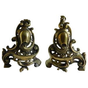 Brass Small Chenets or Andirons With Shield and Scrolls, 19th Century - a Pair