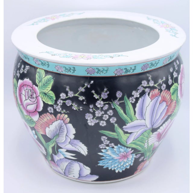 Asian Mid 20th Century Asian Black Floral Koi Fish Ceramic Planter For Sale - Image 3 of 9