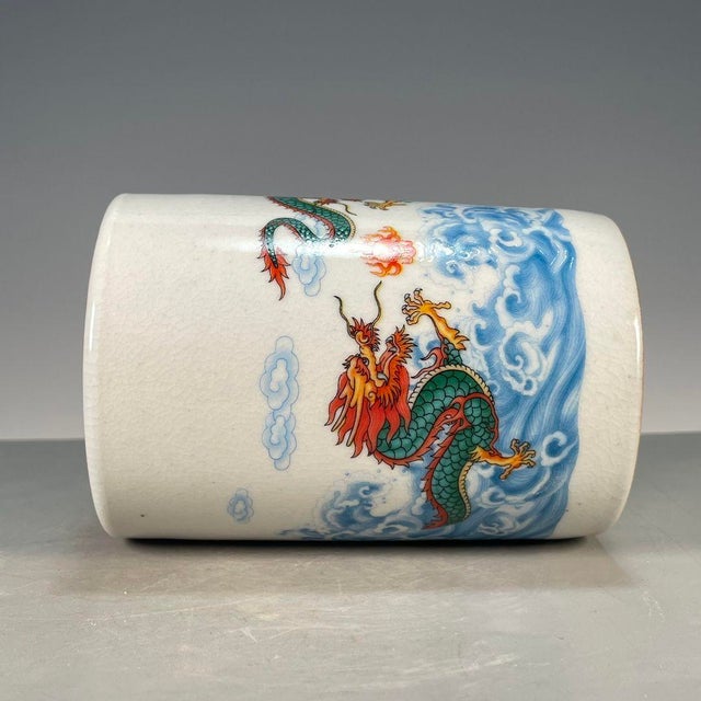 White Dragon & Wave Crackle Glaze Porcelain Brush Pot For Sale - Image 8 of 9