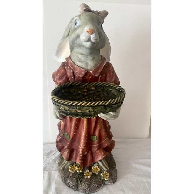 Large Folk Art Country Whimsical Bunny Rabbit Holding a Basket Statue Excellent Condition. For Sale In Denver - Image 6 of 11