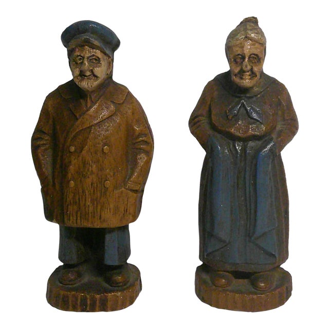 Vintage 1940s Syroco Wood Figurine Pair Sea Captain & Wife Nautical Folk Art For Sale