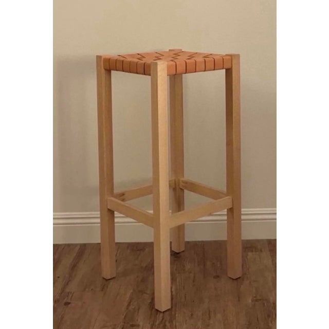 Pair of Oak and Woven Leather Bar Stools For Sale In Los Angeles - Image 6 of 8