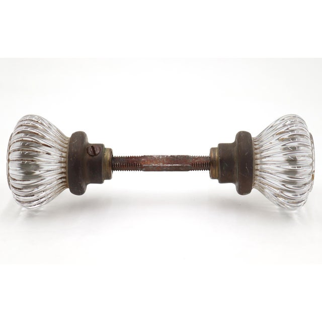 Vintage Fluted Glass & Brass Passage Door Knob Set For Sale - Image 6 of 10