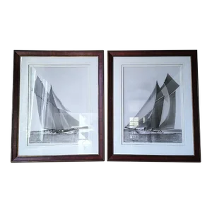 A Pair of Mahogany Framed Black and White Sail Boat Photophy