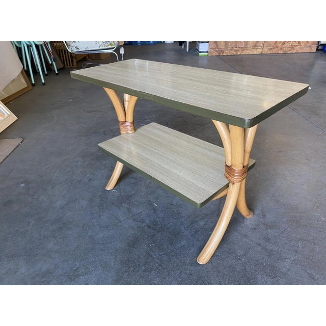 1950s Restored "Hour Glass" Two-Tier Rattan Side Table For Sale - Image 4 of 9