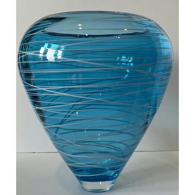 Glass Art Glass Vase Blue With White Swirls For Sale - Image 7 of 13