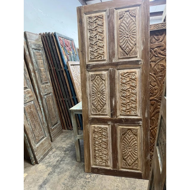 Mid-Century Modern Antique Hand-Carved Floral Wood Door | Reclaimed Single Sliding Barn or Hinged Door 82 For Sale - Image 3 of 6