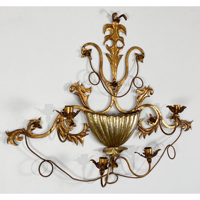 Vintage Italian Gilt Tole Metal Four Candle Wall Sconce W Wall Pocket For Sale - Image 4 of 7