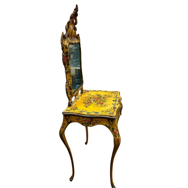 Italian 18th Century Style Venetian Yellow Ground & Floral Dressing Table W/Mirror, Early 20th Century For Sale - Image 3 of 7