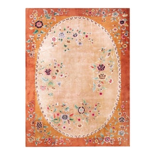 1920s Tan Camel Floral Modern Antique Art Deco Chinese Rug 8'10" X 11'8" Handknotted Wool Carpet For Sale