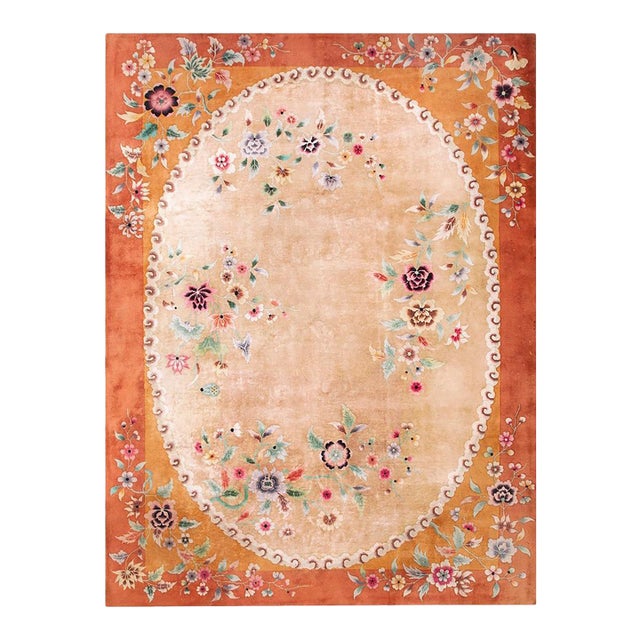 1920s Tan Camel Floral Modern Antique Art Deco Chinese Rug 8'10" X 11'8" Handknotted Wool Carpet For Sale