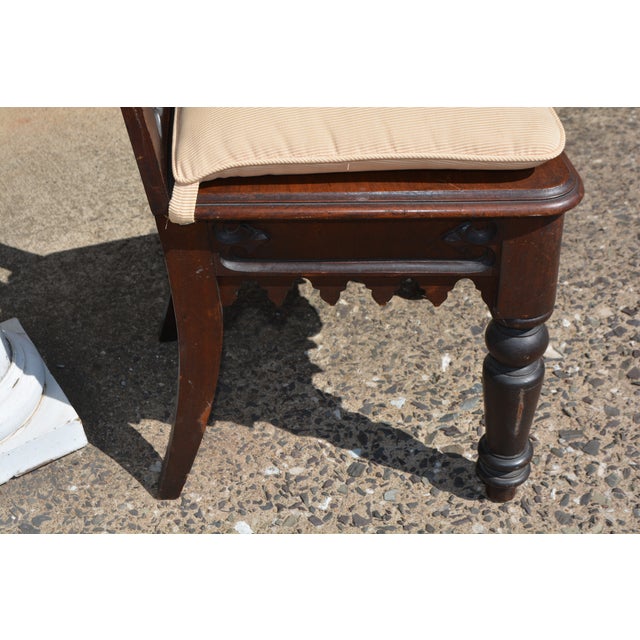 1940s Vintage Pair Gothic Revival Carved Cathedral Arches Dark Wood Hall / Side Chairs W/ Cushions For Sale - Image 5 of 18