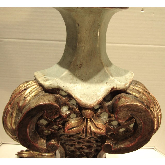 1970s Italian Baroque Style Hand Carved Wood Lamps Silk Shades - a Pair For Sale - Image 15 of 17