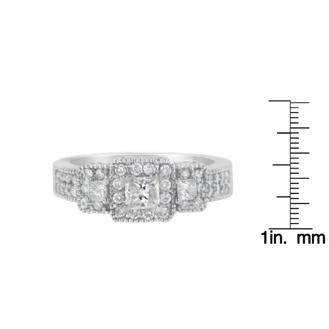 Metal 14K White Gold Round and Princess-Cut Diamond Three Stone Ring (1 Cttw, H-I Color, I1-I2 Clarity) - Size 8 For Sale - Image 7 of 7