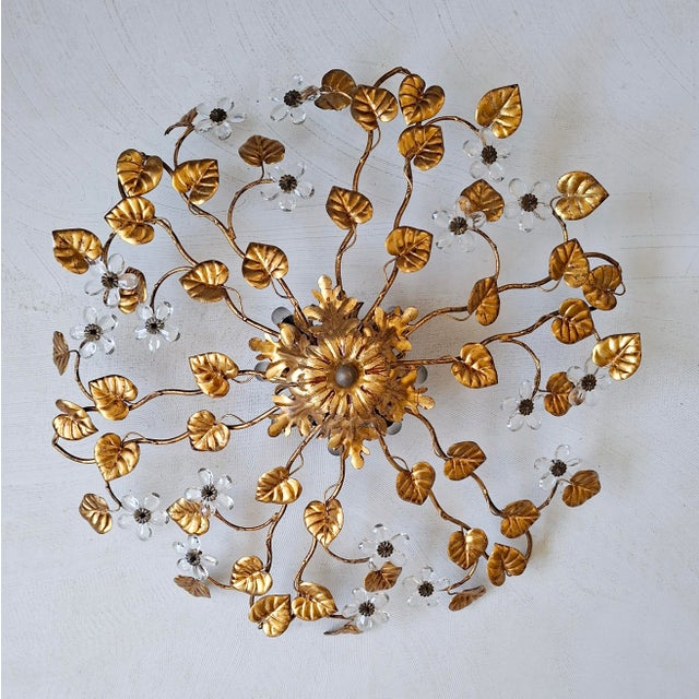 Metal Large Gilt Metal Ceiling Lamp with Leaves and Flowers, 1960s For Sale - Image 7 of 7
